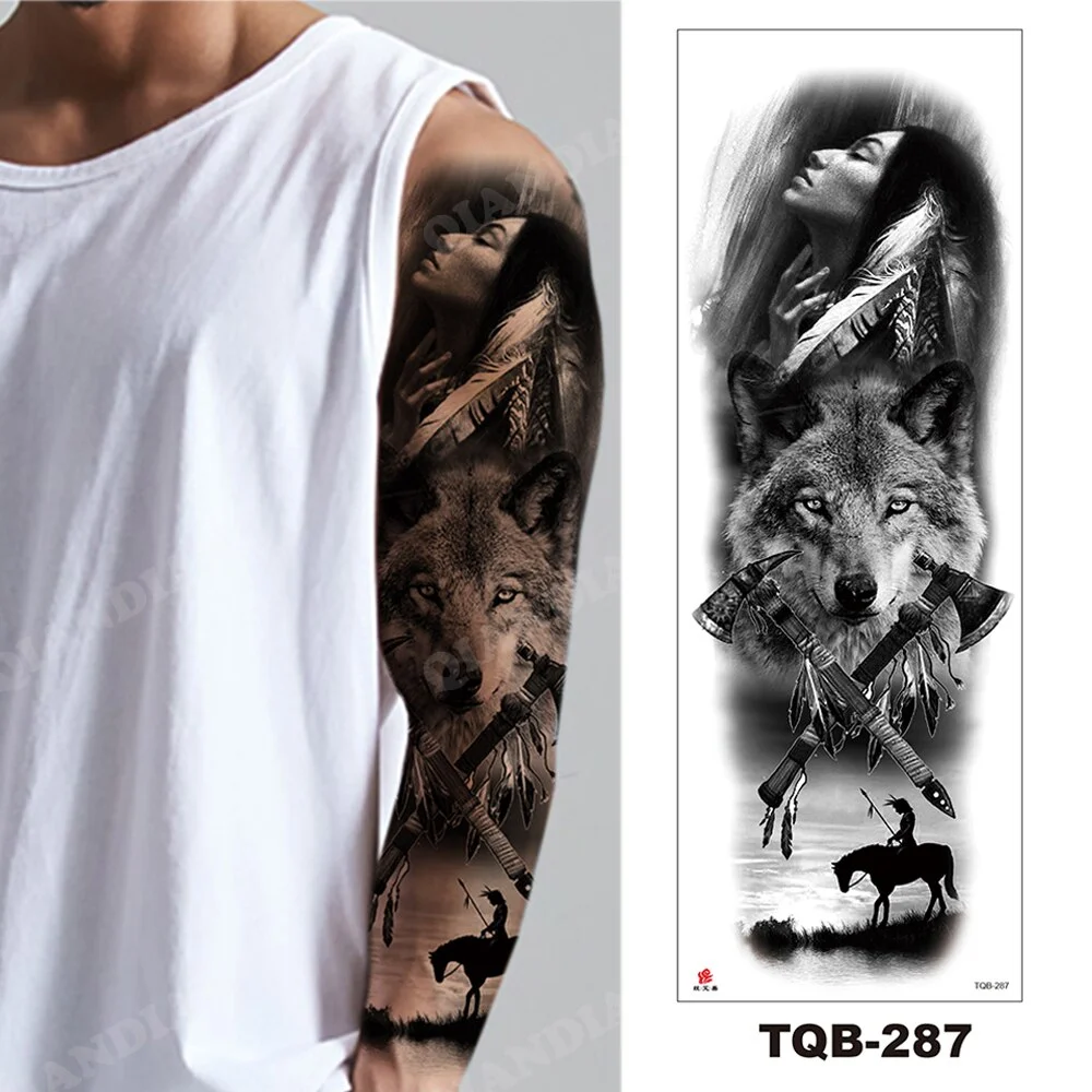 Sdrawing Arm Temporary Tattoo Wolf Lion Fish Horns Geometric Man Body Leg Rose Flower Phoenix Waterproof Sticker Cool Women Tatoo