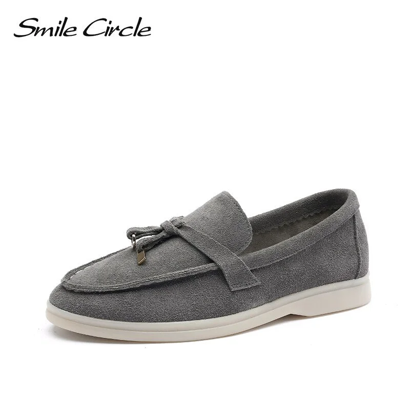 Smile Circle/cow-suede loafers Women Slip-On flats shoes Genuine Leather Ballets Flats Shoes for women Moccasins big size 36-42