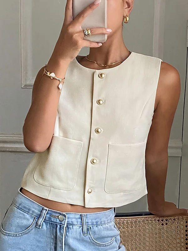 Split-Joint Pockets Buttoned Sleeveless Loose Round-Neck Vest Top