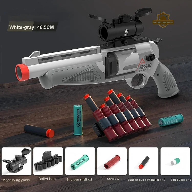 White-gray SR-410 package layout with optic, shells, ammo belt and darts.