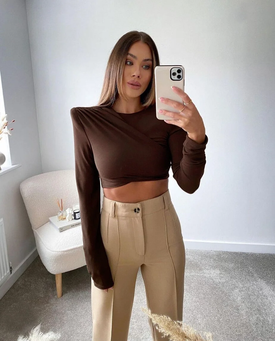 Tawnie 2022 Women V Neck Long Sleeve T Shirt with Shoulder Pads Green Sexy Elegant Autumn Winter Ruched Top Tshirts Casual Brown