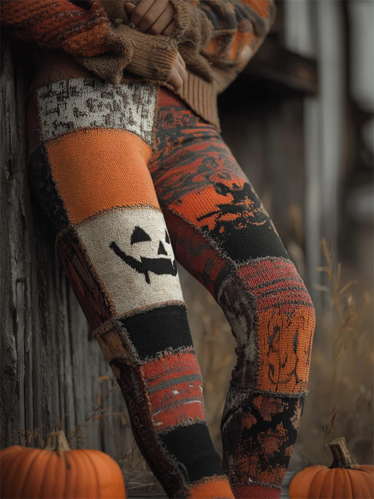 Halloween Pumpkin Colorblock Stitched Cozy Knit Leggings