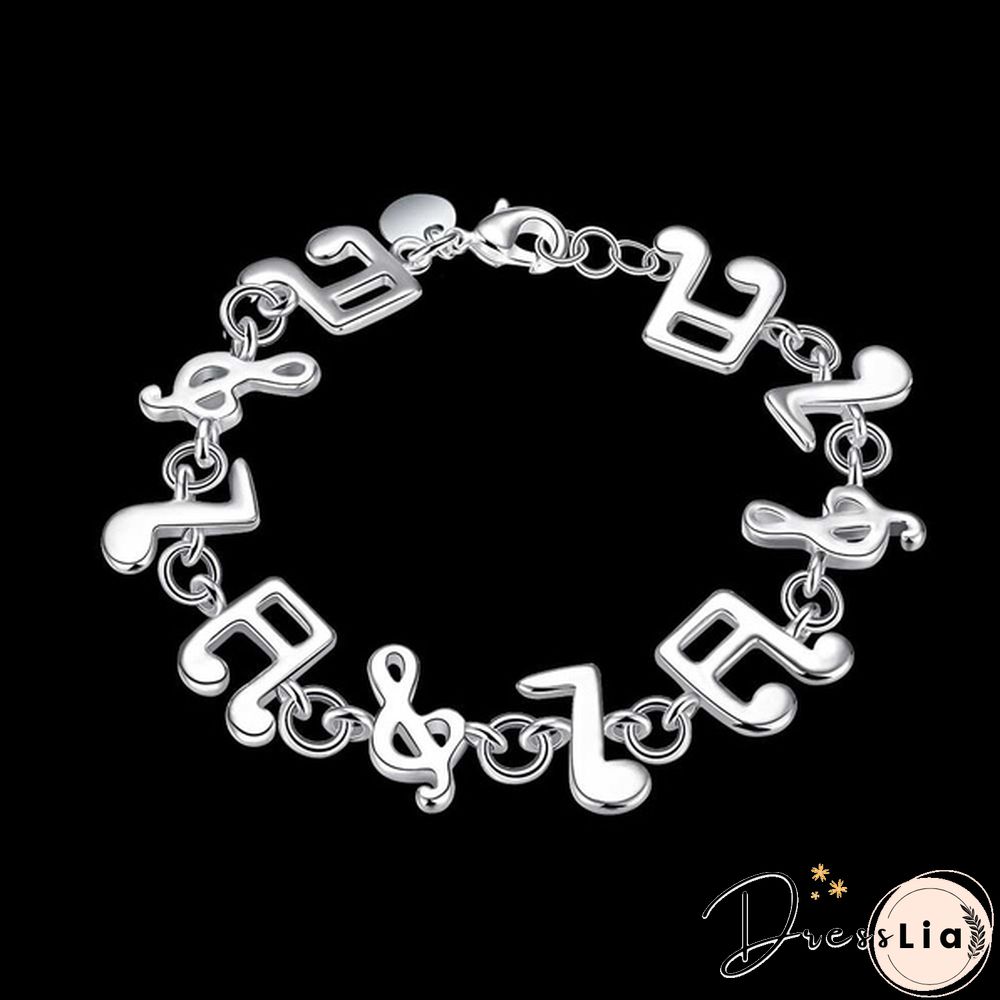 New Women 925 Sterling Silver Plated Charm Cute Music Note Chain Bracelet Bangle