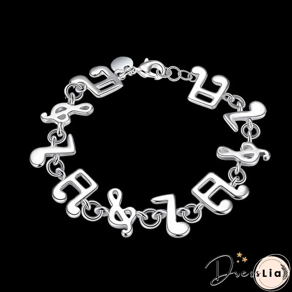 New Women 925 Sterling Silver Plated Charm Cute Music Note Chain Bracelet Bangle