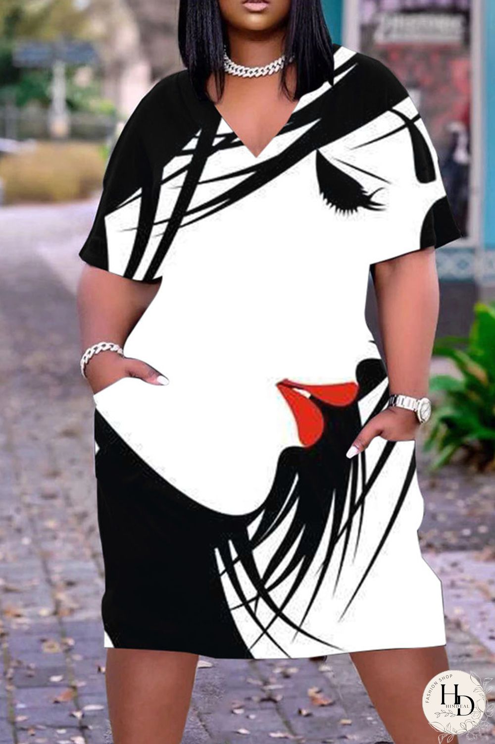 Multicolor Casual Street Print Patchwork V Neck Straight Dresses