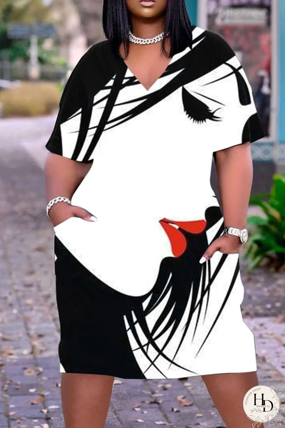 Multicolor Casual Street Print Patchwork V Neck Straight Dresses