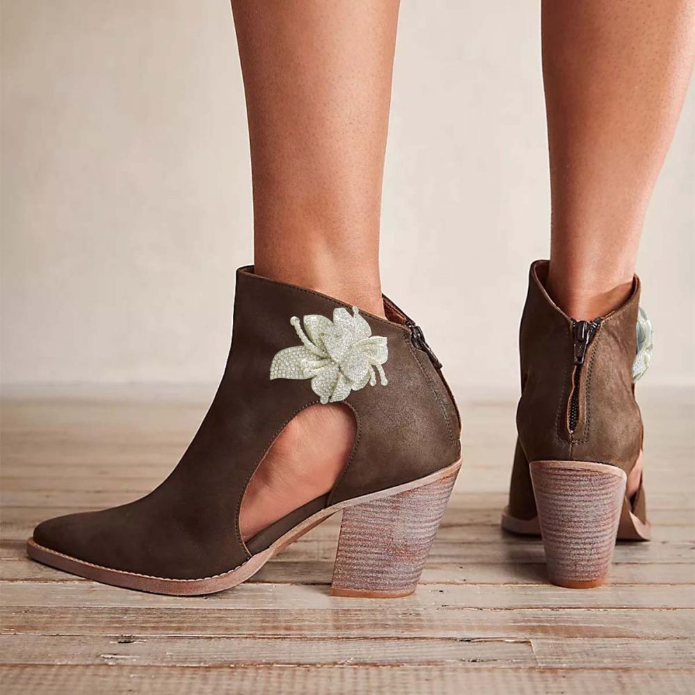 Brown Pointed Toe Cowgirl Booties Cone Heels With Flower