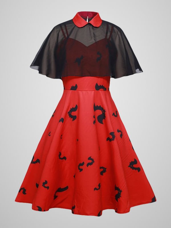 Goth Bat Printed Witch Dress with Cape