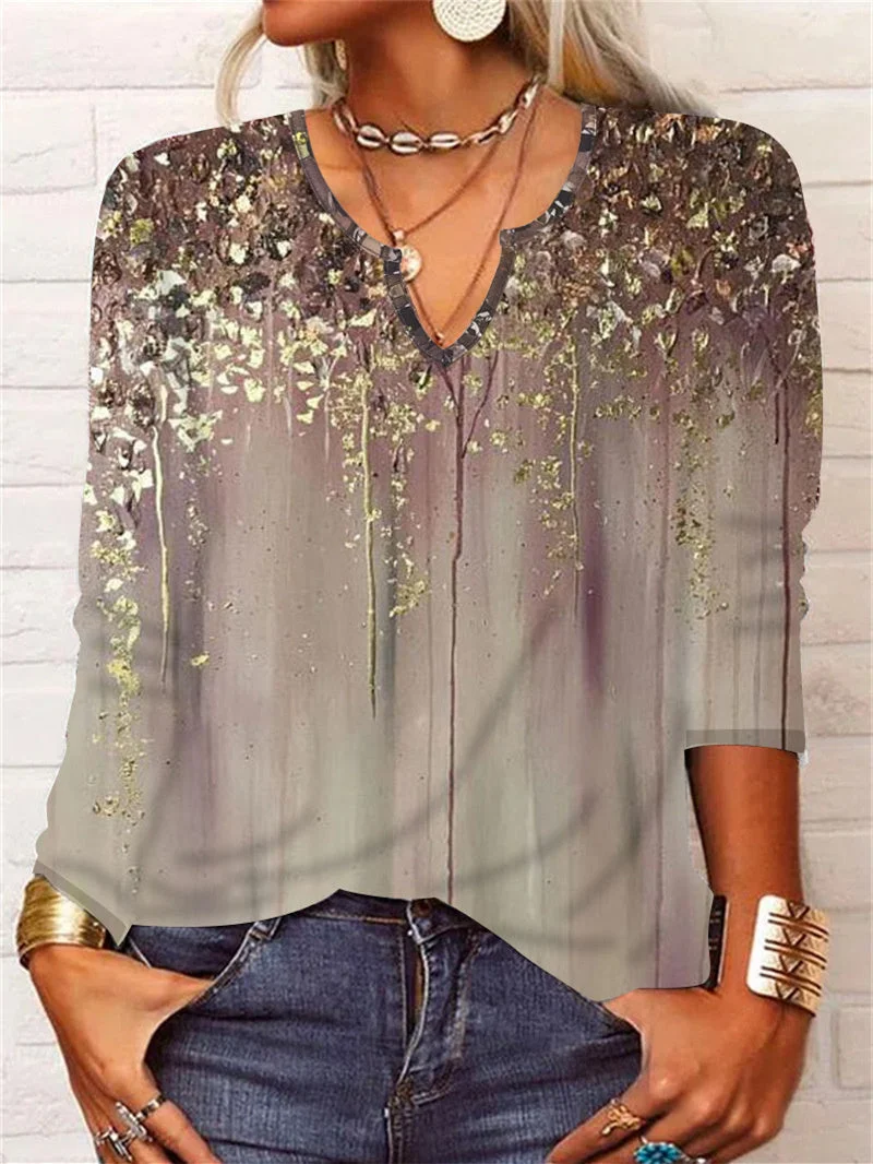 Women's Long Sleeve V-neck Printed Graphic Tops