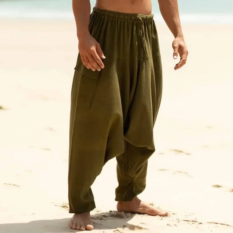 Men's Vacation Olive Green Drop Crotch Pants