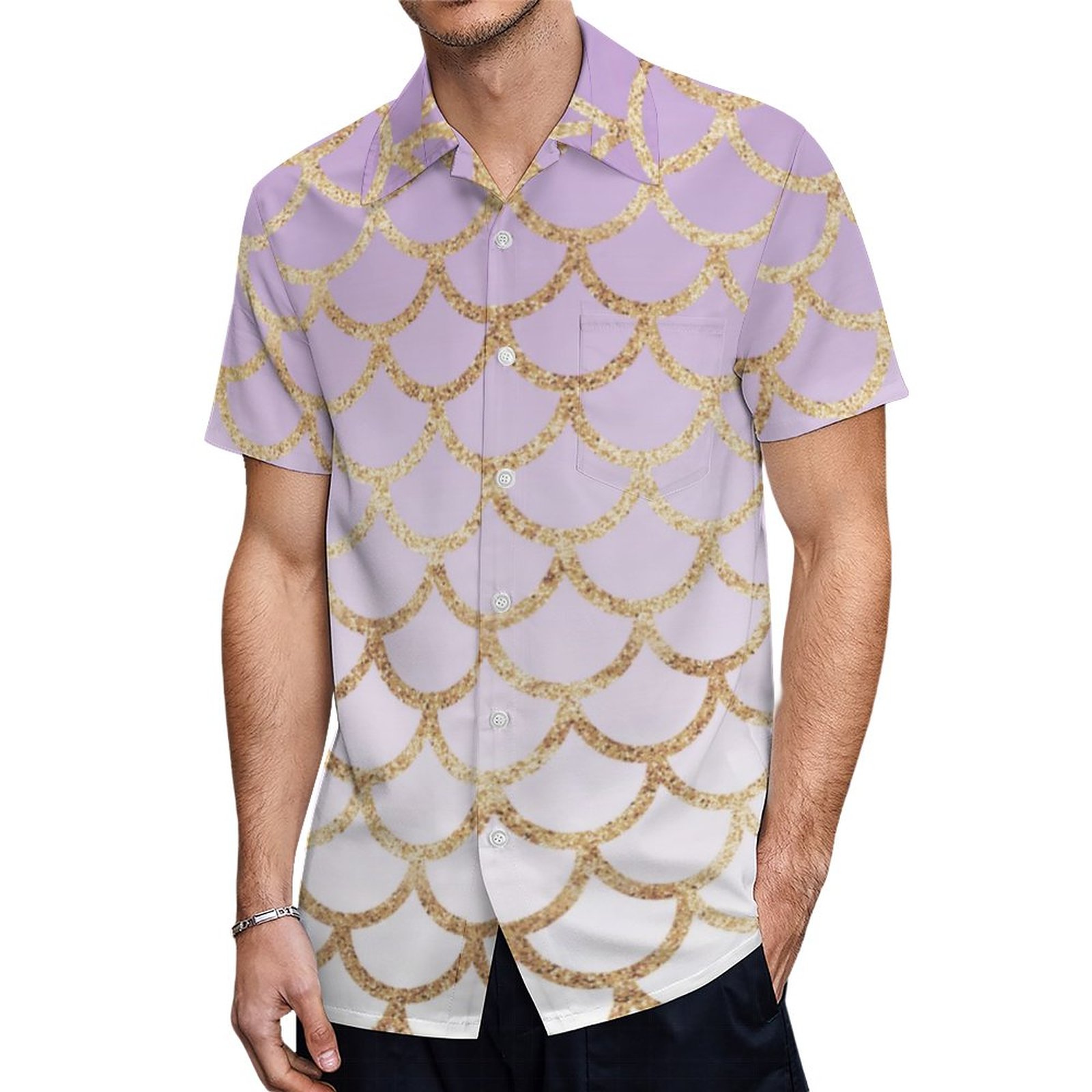 Purple Ombre Gold Glitter Mermaid Scales Hawaiian Shirt Mens Button Down Plus Size Tropical Hawaii Beach Shirts