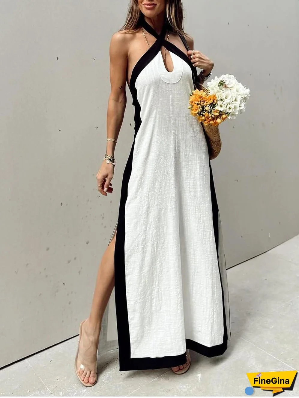 Color Block Halter Charming Neck Slit Maxi Dress