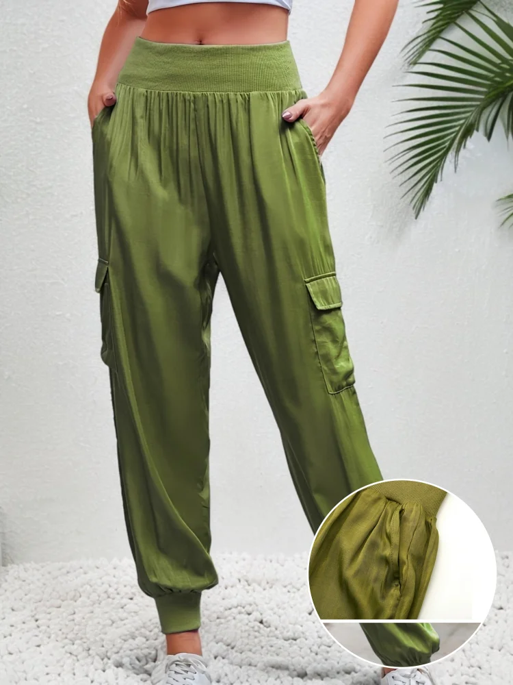 Women's High-Waisted Cargo Joggers With Elastic Cuffs - Black, Multi-Pocket Design, Casual & Comfortable For Spring/Summer/Fall, Everyday Comfort Pants | Relaxed Fit Joggers | Viscose Blend Pant