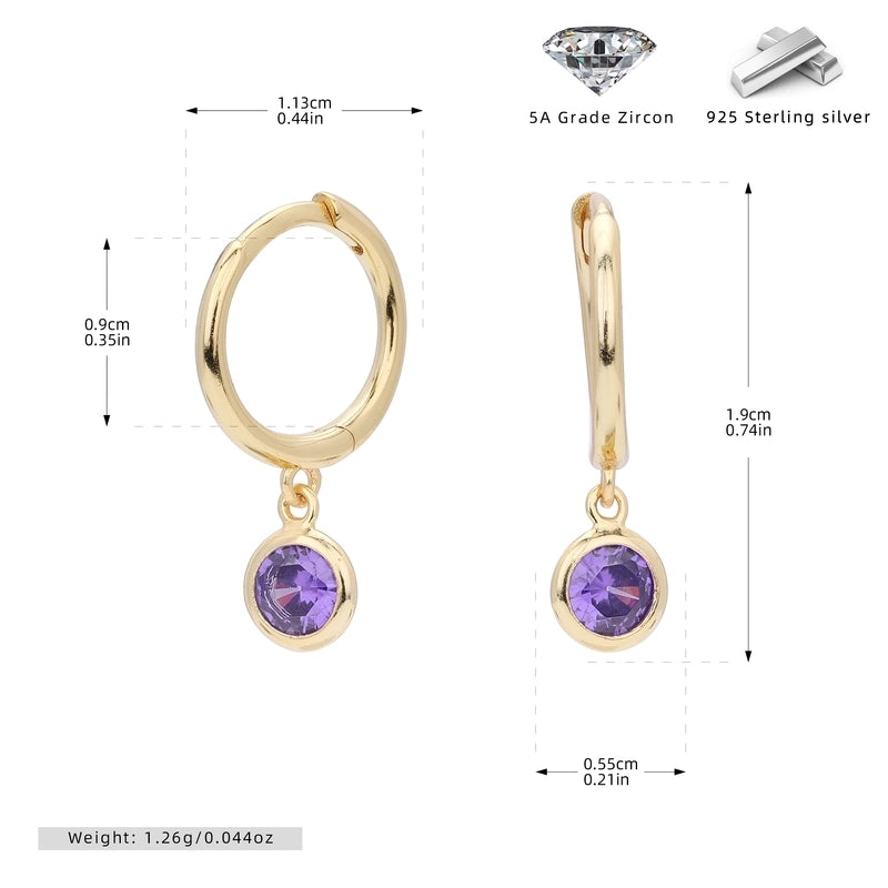 1 Pair 925 Sterling Silver Birthstone Round Drop Earrings