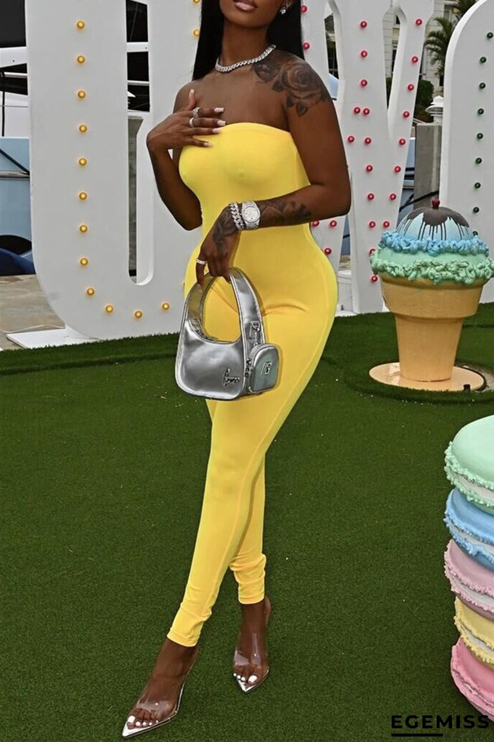Yellow Sexy Casual Solid Backless Strapless Skinny Jumpsuits | EGEMISS