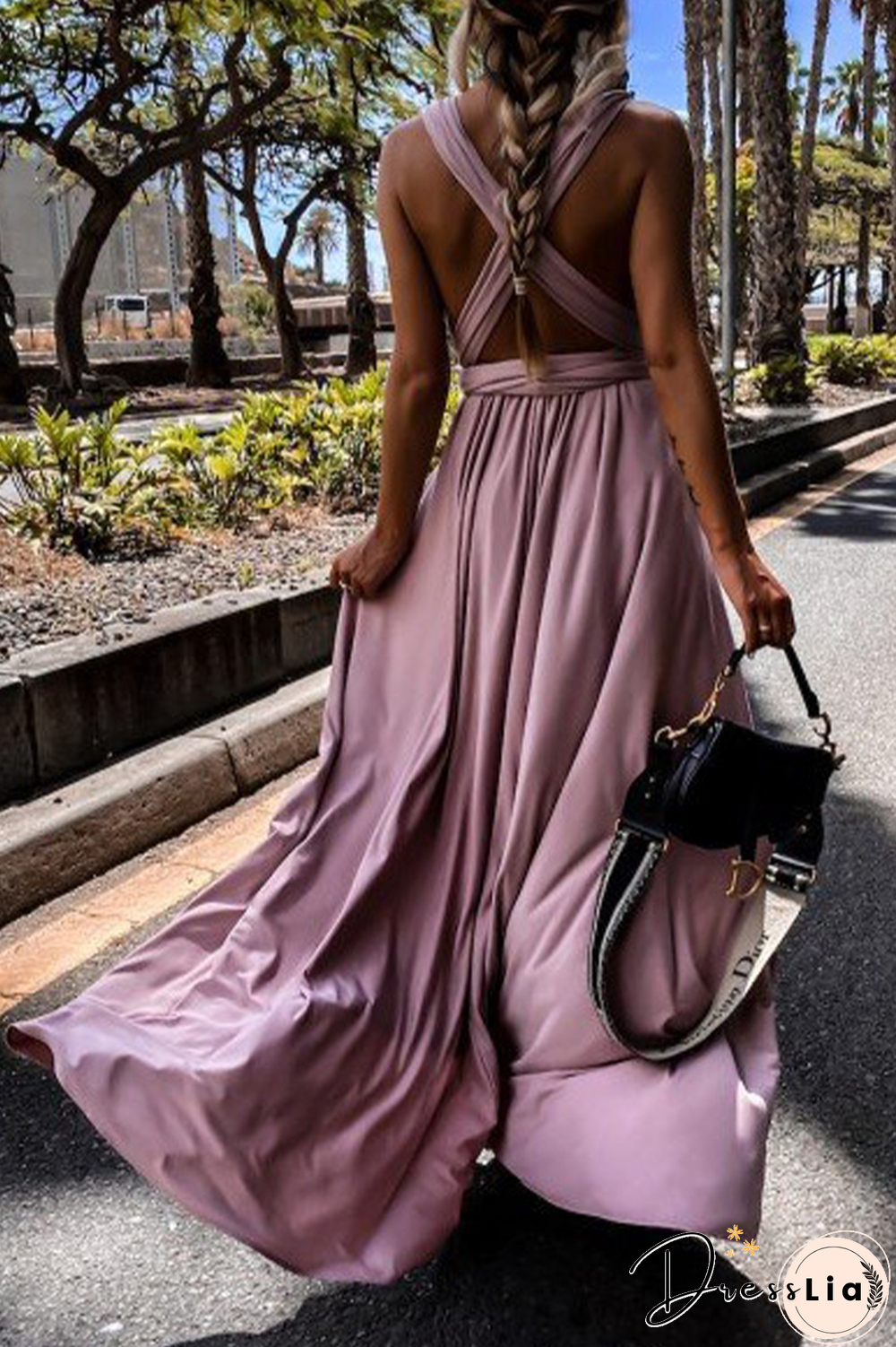 Casual Solid Split Joint V Neck Waist Skirt Dresses