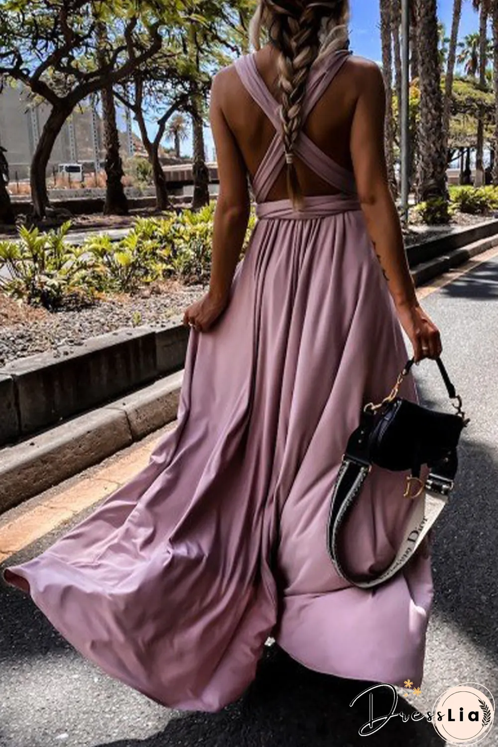 Casual Solid Split Joint V Neck Waist Skirt Dresses