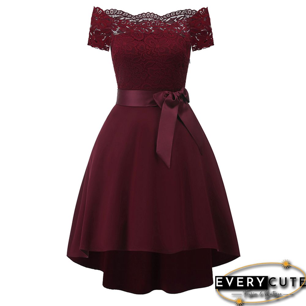 Wine Red Off Shoulder Short Sleeve Prom Dress