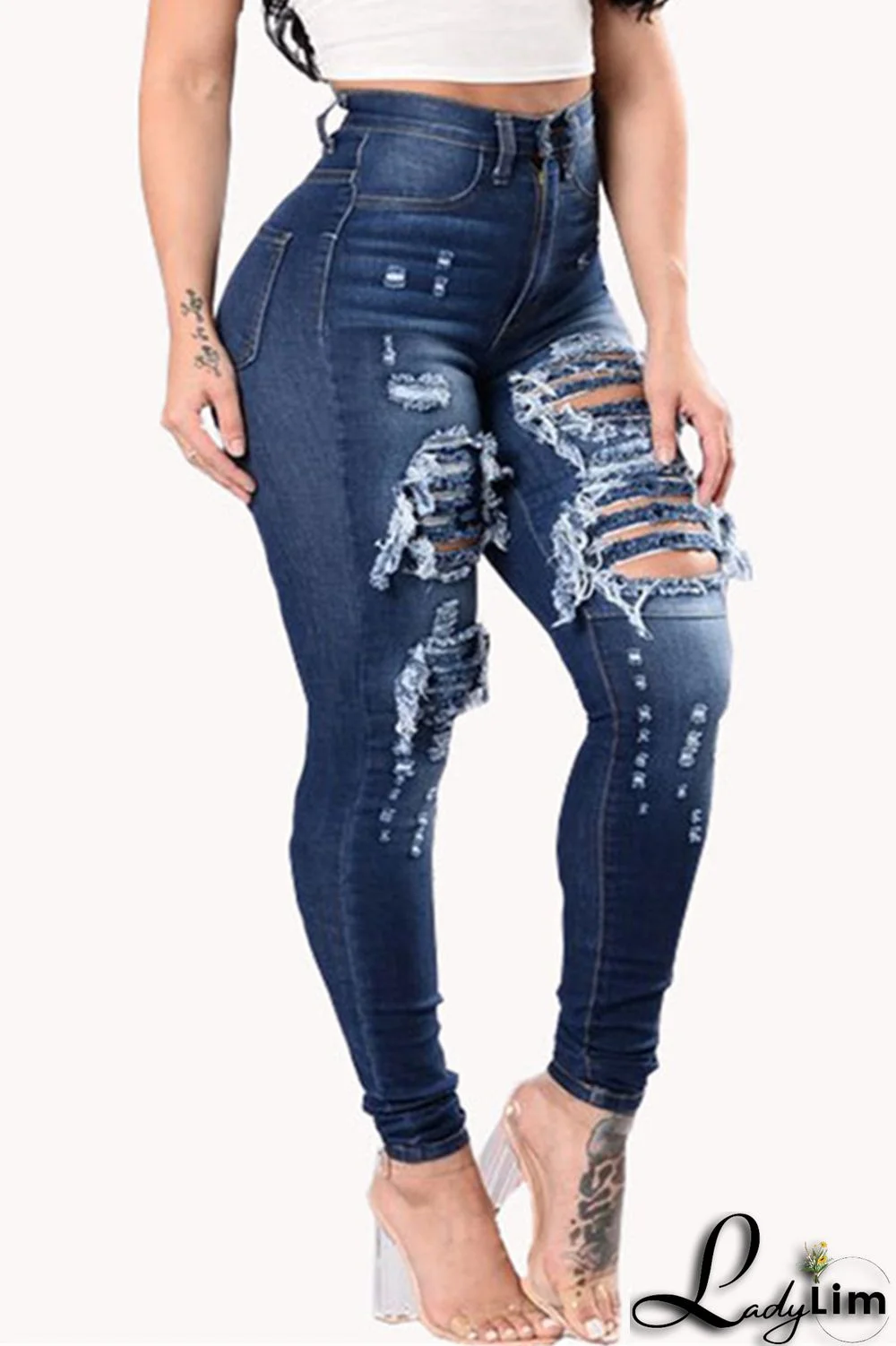 Deep Blue Fashion Casual Solid Ripped Skinny Denim Jeans