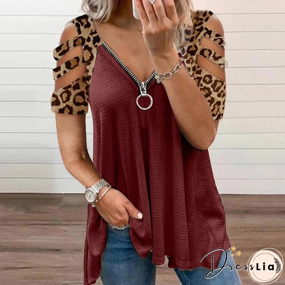 Summer Hollow Out Short Sleeve T-Shirts Women Sexy Zipper V-Neck Casual Ladies Tops Fashion Female Streetwear Blouse Tee D30