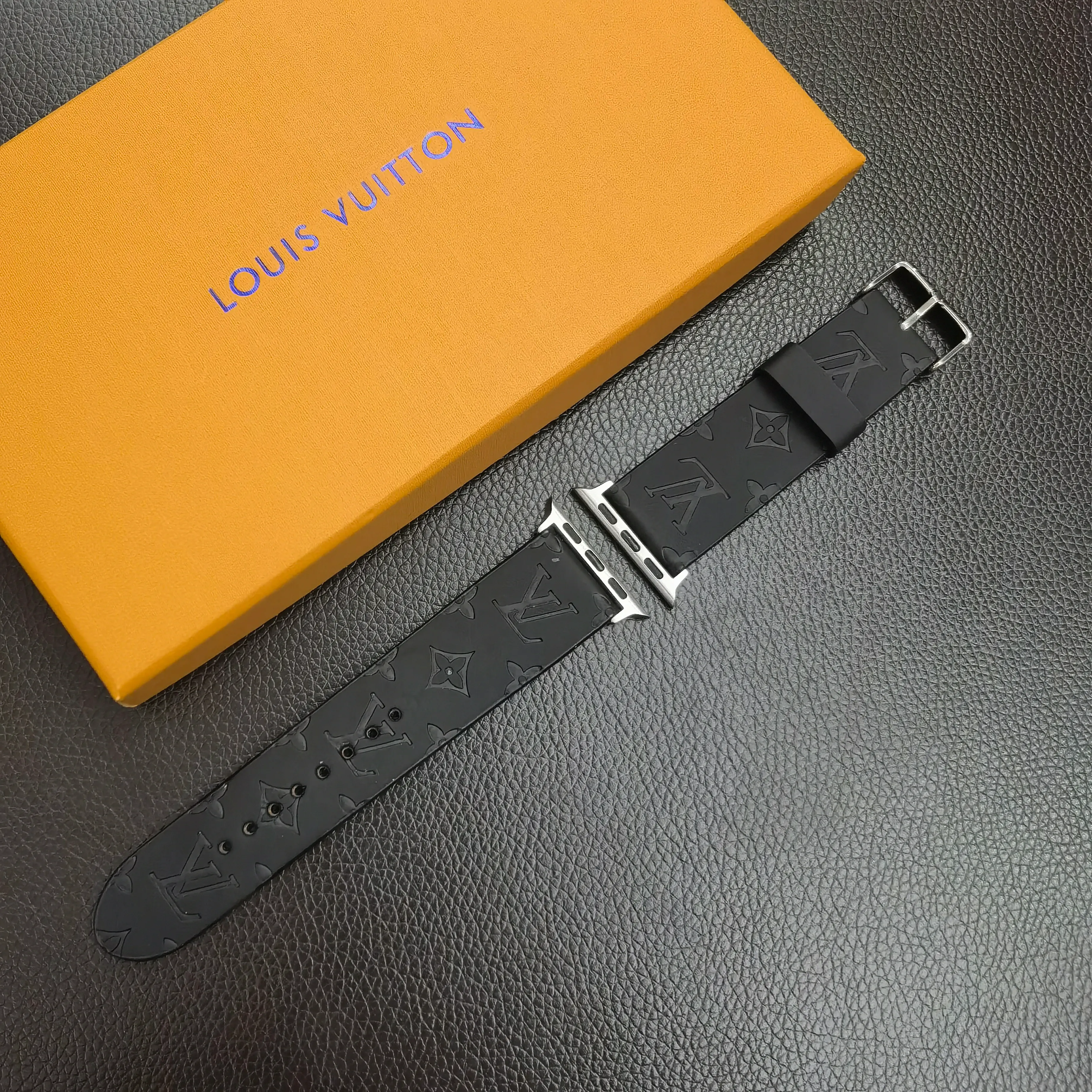 LV Black Genuine Leather 3D Embossed Apple Watch Replacement Strap