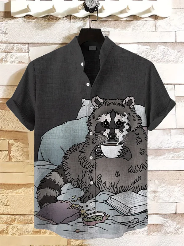 Men's Raccoon Coffee Time Art Print Linen Blend Shirt