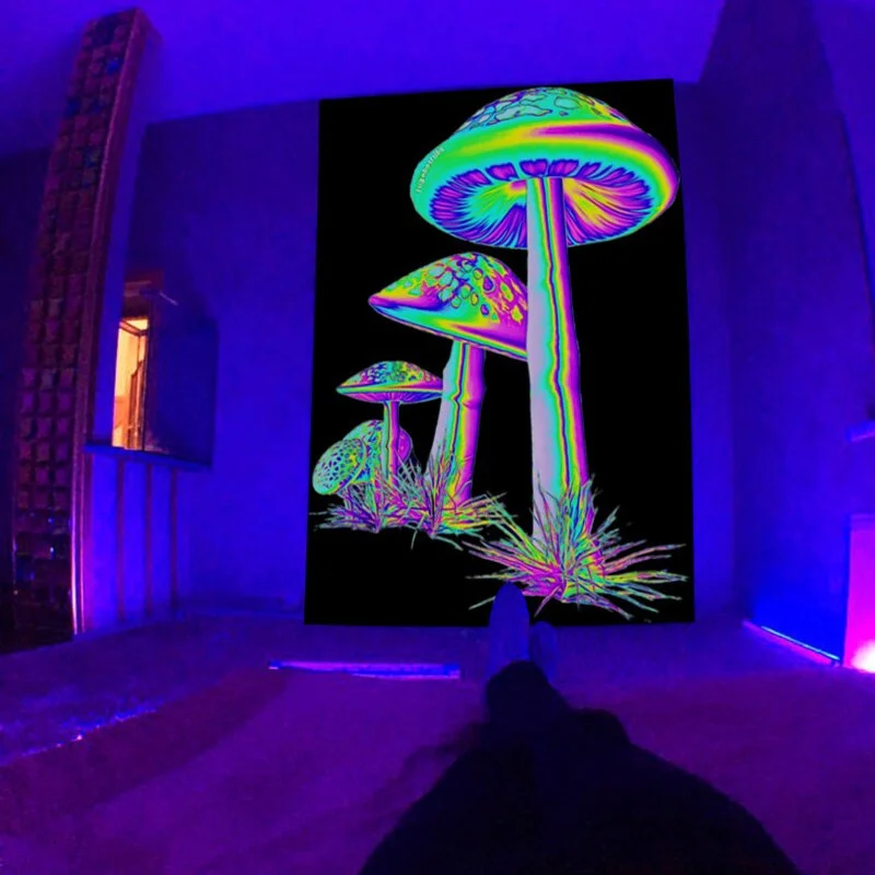 Fluorescent Starry Tapestry Skeleton Mushroom Psychedelic Black Light Wall Hanging Cloth DIY Home Decoration Trippy Room Decor