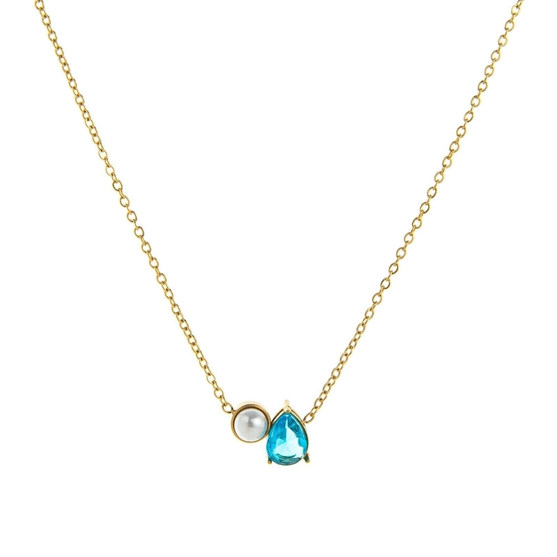 Retro Shiny Water Droplets Titanium Steel Pearl Zircon 18K Gold Plated Inlay Necklace