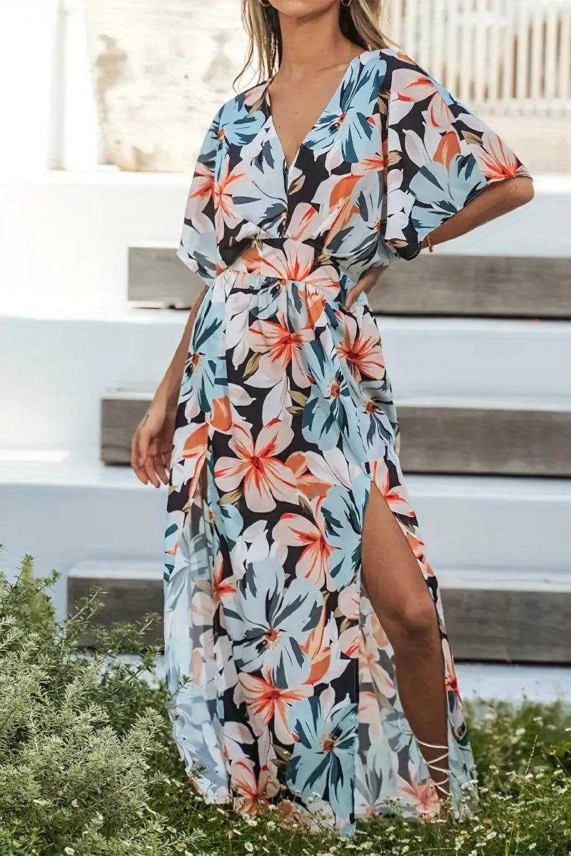 Sweet Elegant Floral Patchwork Slit V Neck Printed Dress Dresses