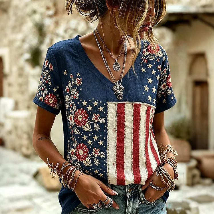 Women's Independence Day Flag Floral Print Linen Blend Casual Short-sleeve T-shirt