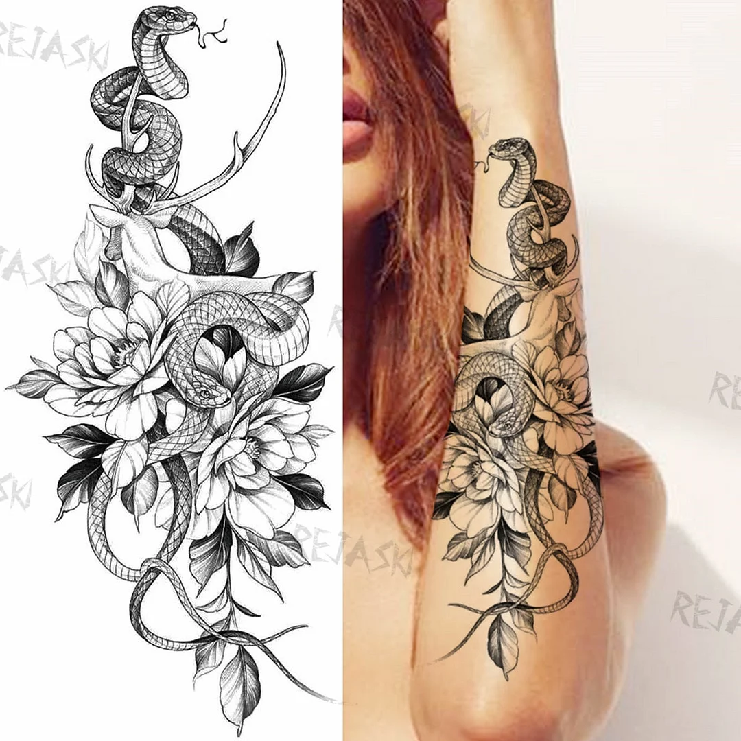 Sexy Snake Flower Fake Temporary Tattoo For Women Black Sunflower Tattoos Bloosom Big Daisy Camellia Water Transfer Tatoos Legs