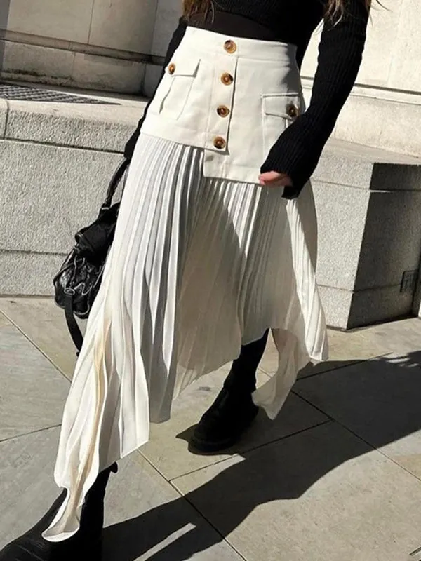 A-Line Loose Asymmetric Buttoned Pleated Split-Joint Zipper Skirts Bottoms