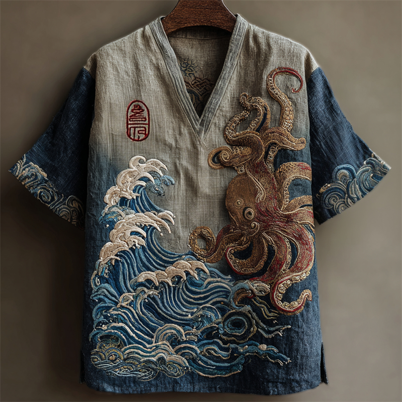 Japanese Octopus & Sea Waves Embroidered Contrast Linen Shirt  artssus