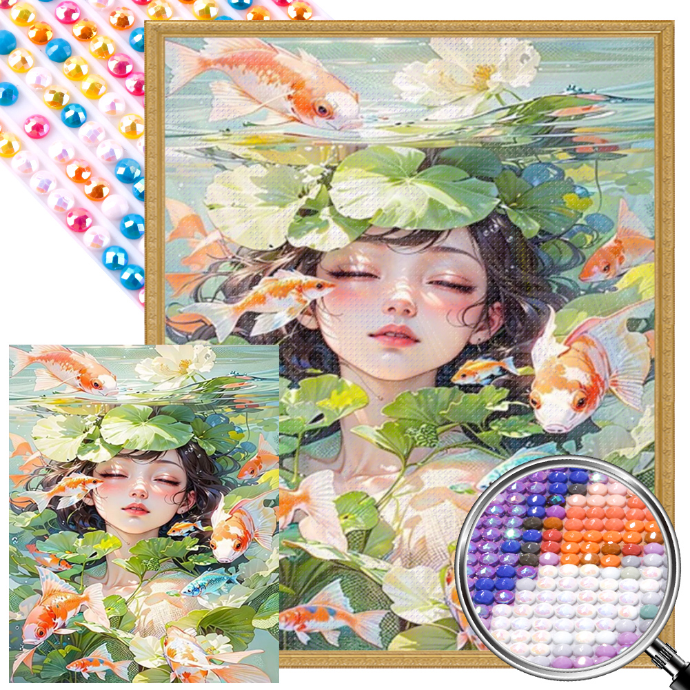 Koi And Girl 40*50cm(picture) full round drill diamond painting with 3 to 5 colors of AB drills
