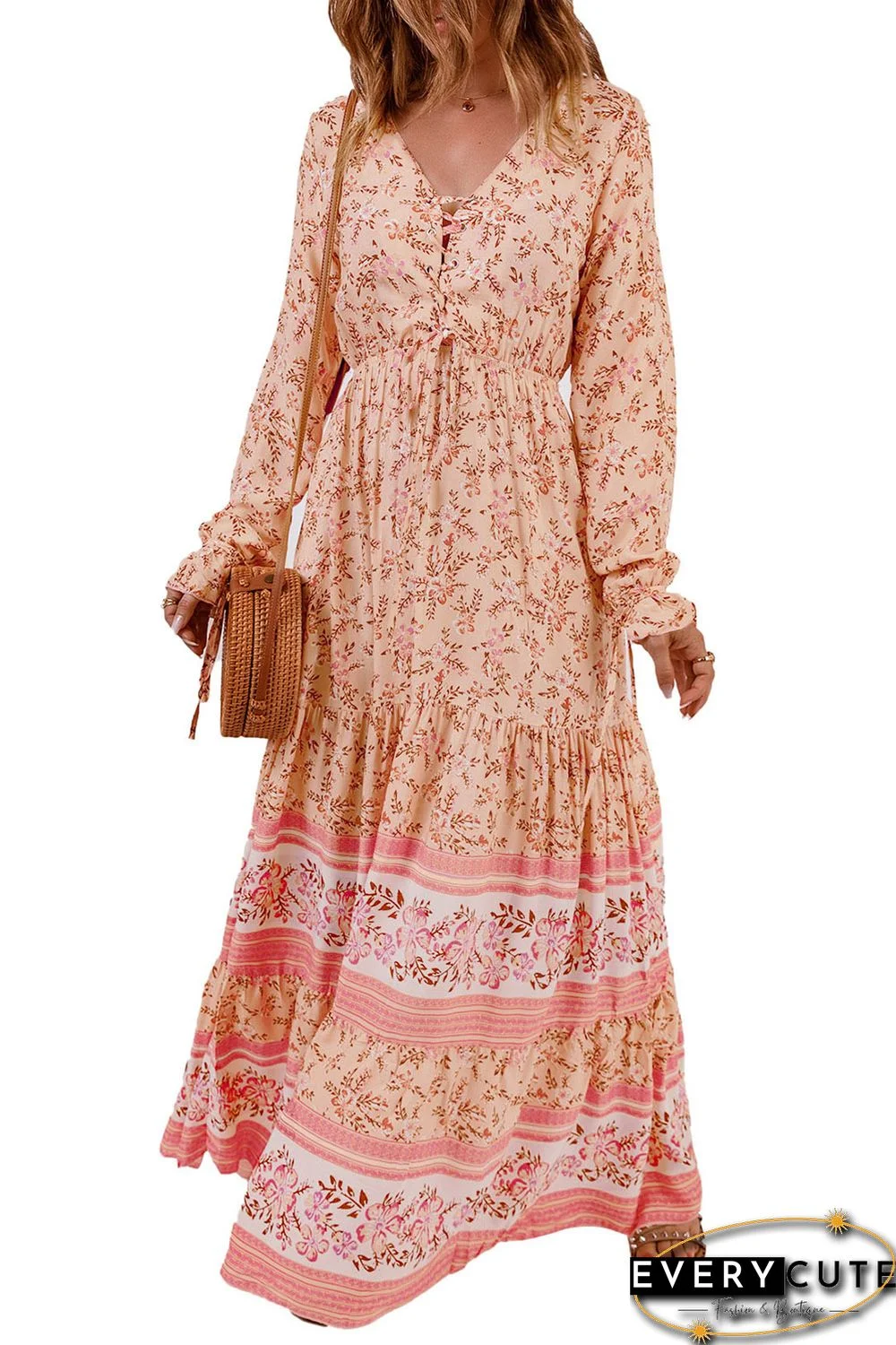 Orange Drawstring Lace-up V Neck Long Sleeve Floral Maxi Dress