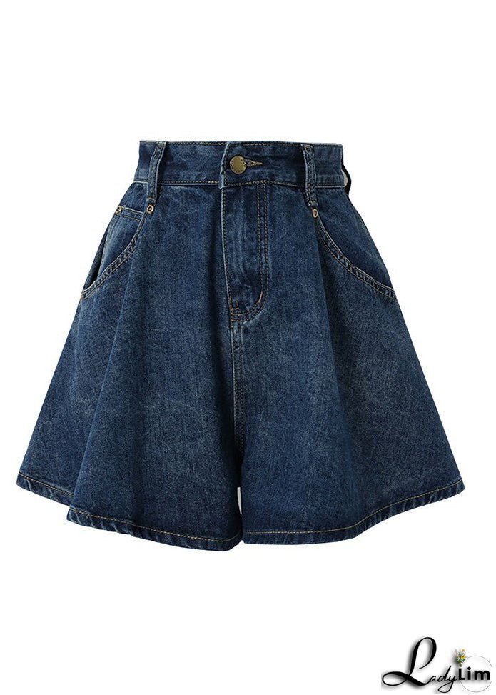 Classy Navy Pockets Patchwork High Waist Button Denim Shorts