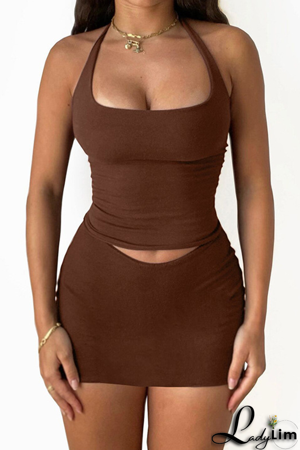 Coffee Sexy Solid Patchwork Halter Sleeveless Two Pieces