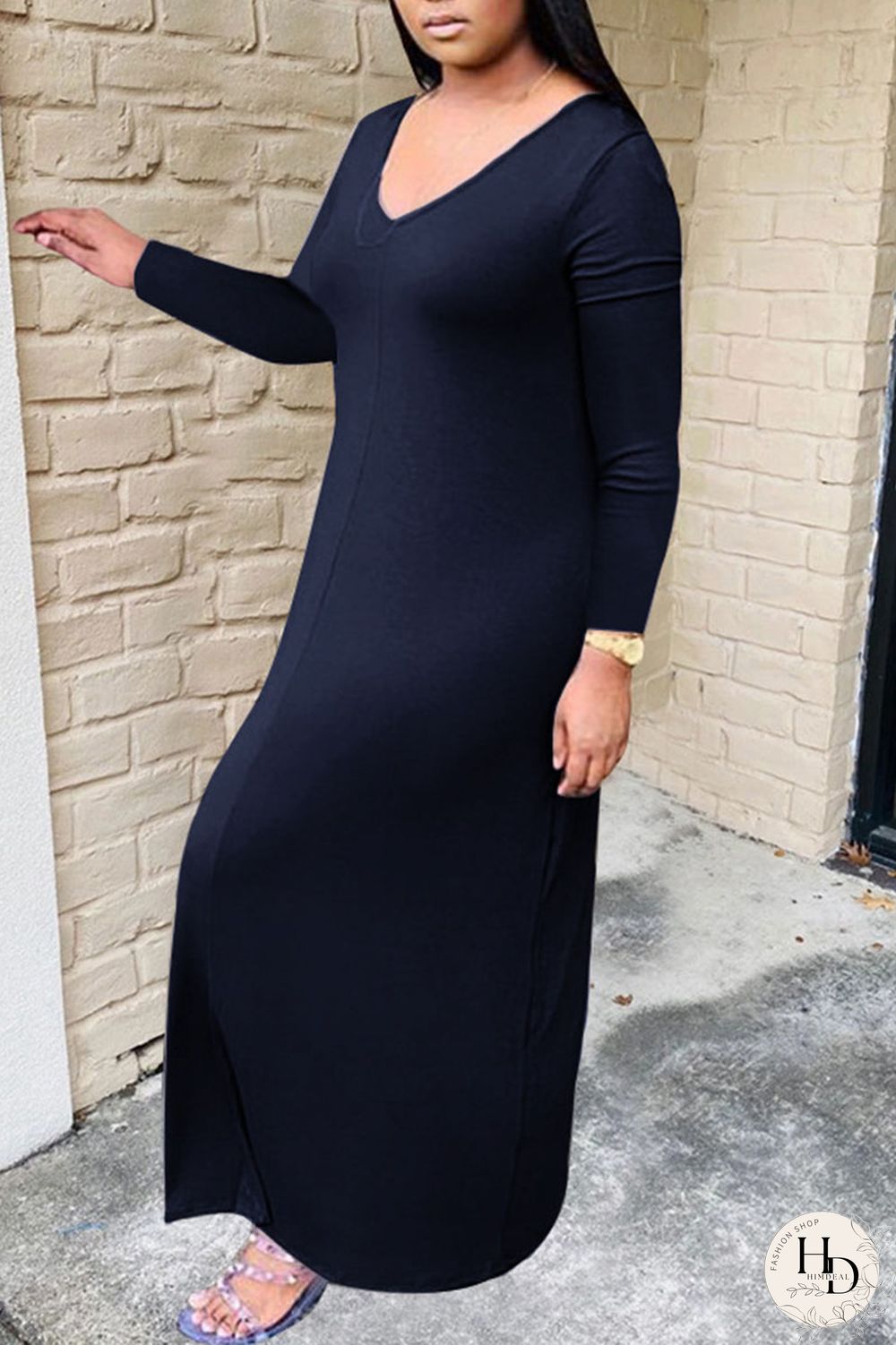 Black Casual Solid Patchwork V Neck Long Sleeve Plus Size Dresses