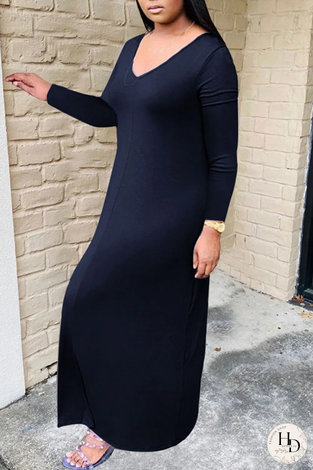 Black Casual Solid Patchwork V Neck Long Sleeve Plus Size Dresses