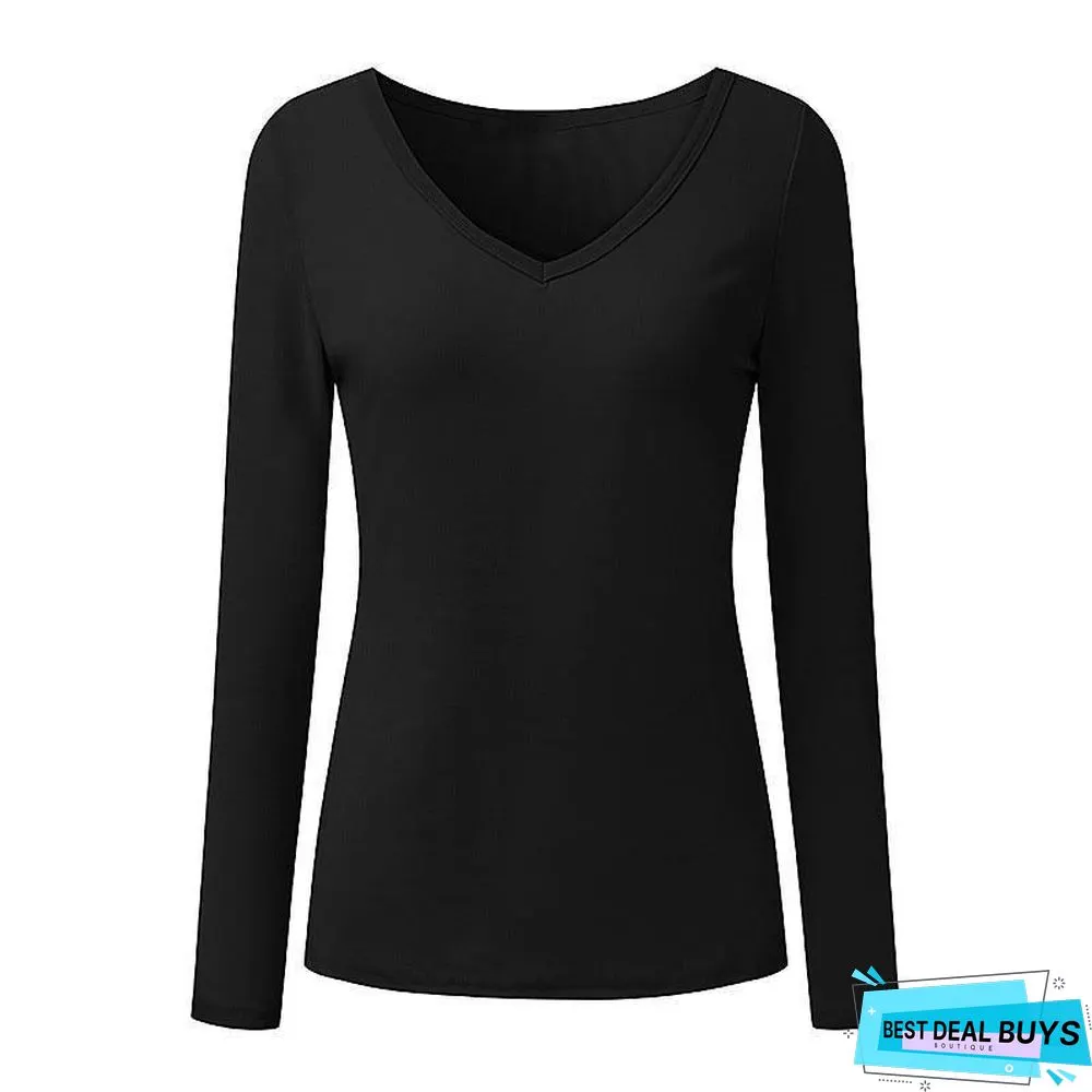 Plus Size Women Fashion Cotton Long Sleeve Casual T-Shirt Tee V-Neck Tops