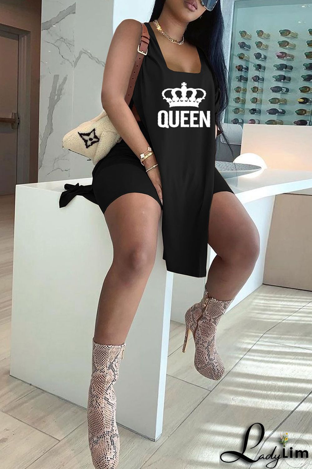 Royal Blue Casual Print Split Joint Slit U Neck Sleeveless Two Pieces