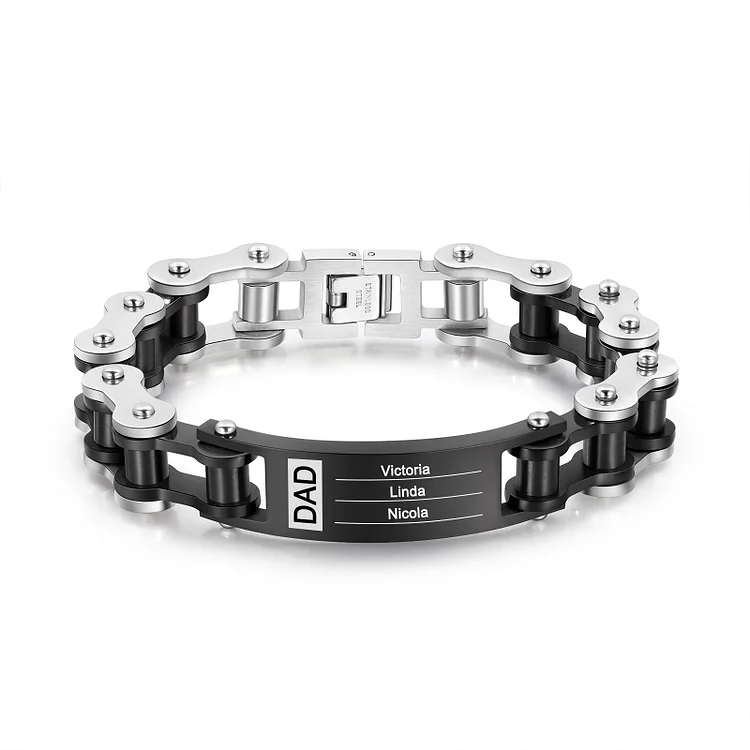 Personalized Motorcycle Biker Chain Bracelet Engraved 3 Names Mens ID Bar Bracelet