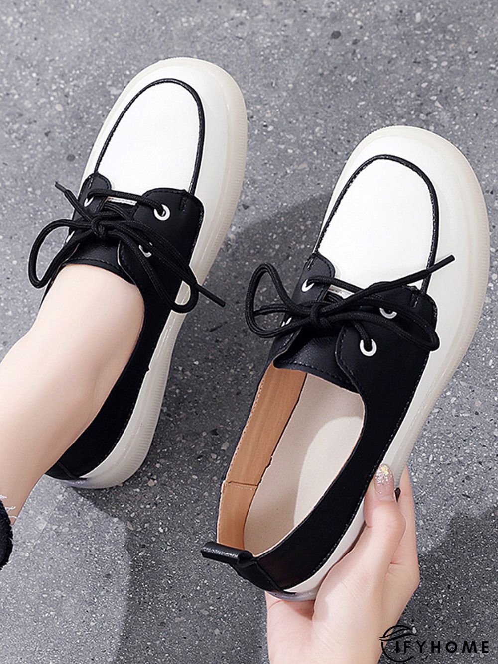 Casual Split Joint Color Block Leather Lace Up Flat Shoes | IFYHOME