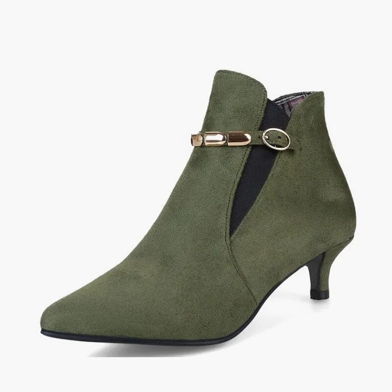 Women Ankle Boots Buckle Strap Plus Size Ladies Thin High Heels Female Flock Metal Elastic Band Autumn Winter Warm Classic Shoes