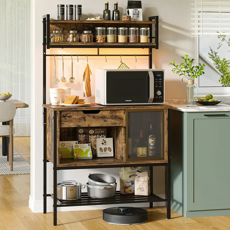 Besiter Kitchen Baker's Rack with LED Light 6-Tier Microwave Stand with Storage Drawer Cabinet & 8 Hooks