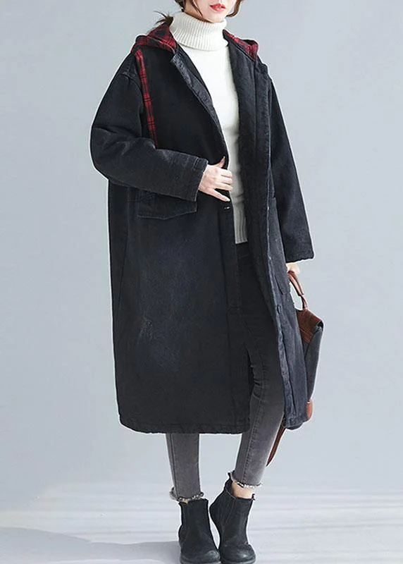 Unique denim black fine casual coats women Inspiration hooded patchwork  outwears