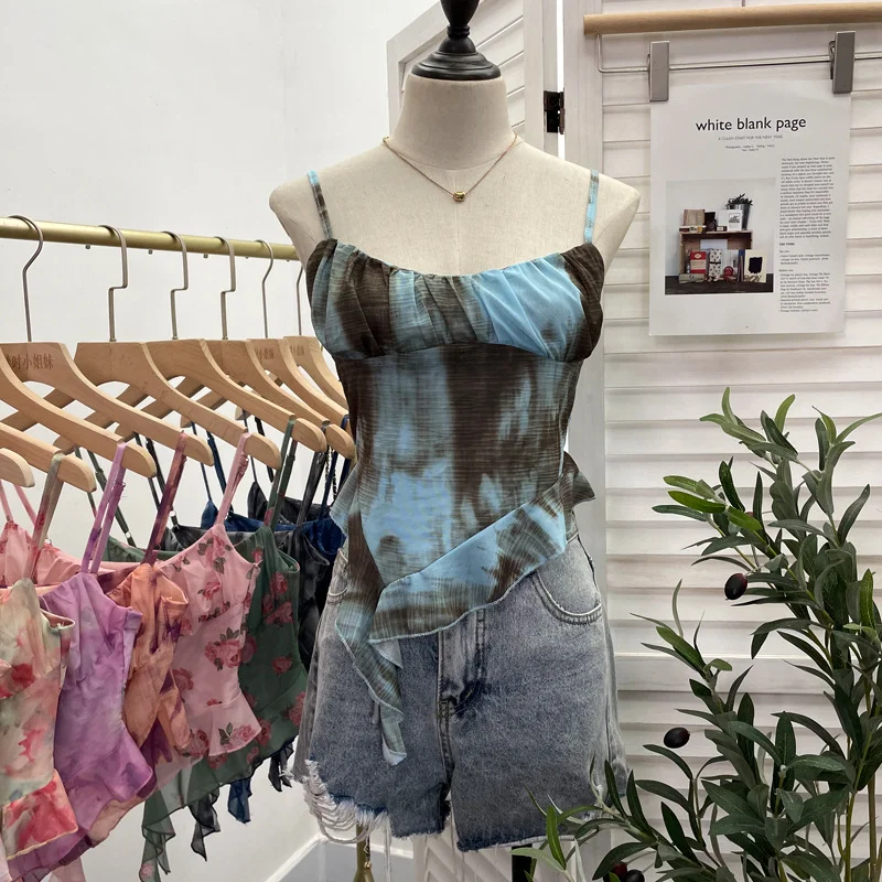 Nigikala Nigikala Shoot 辣tie Bra Irregular Sling Sling Vest Slimming Print Mesh Sleeveless Top 8950