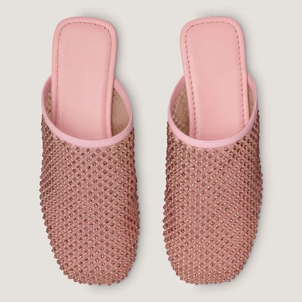 Pink Mesh Flat Square Toe Slip On Rhinestone Mules for Women