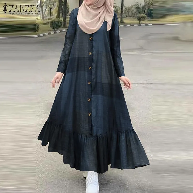 Vintage Check Muslim Dress Women's Autumn Sundress 2022 ZANZEA Casual Long Sleeve Ruffle Vestidos Female Button Printed Robe