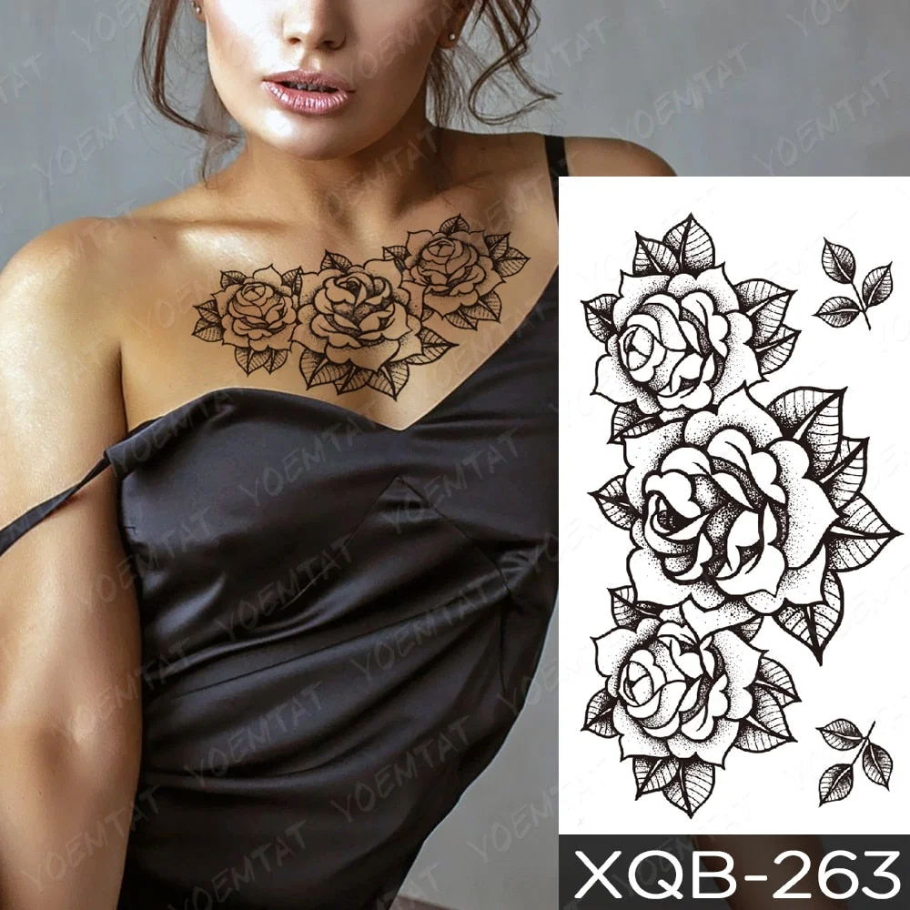 Rose Peony Flower Girls Temporary Tattoos For Women Waterproof Black Tattoo Stickers 3D Blossom Lady Shoulder DIY Tatoos